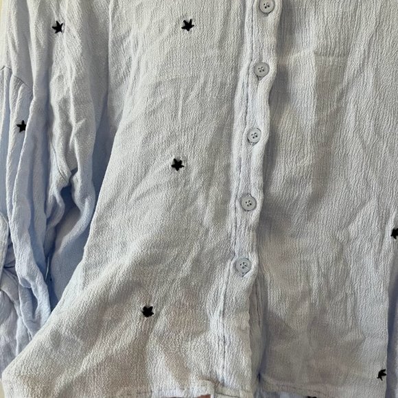 Elodie Powder Blue Embroidered Detail Button-Up Crepe Blouse - Picture 3 of 4